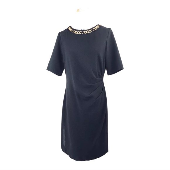 CHETTA B Sheath Dress Ruched Waist Gold Chain Neckline Accent Vintage 90s Sz 10 - Picture 4 of 9